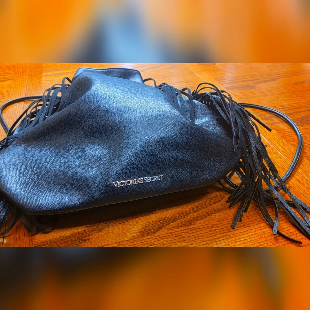 Victoria Secret black fringe pull string backpack